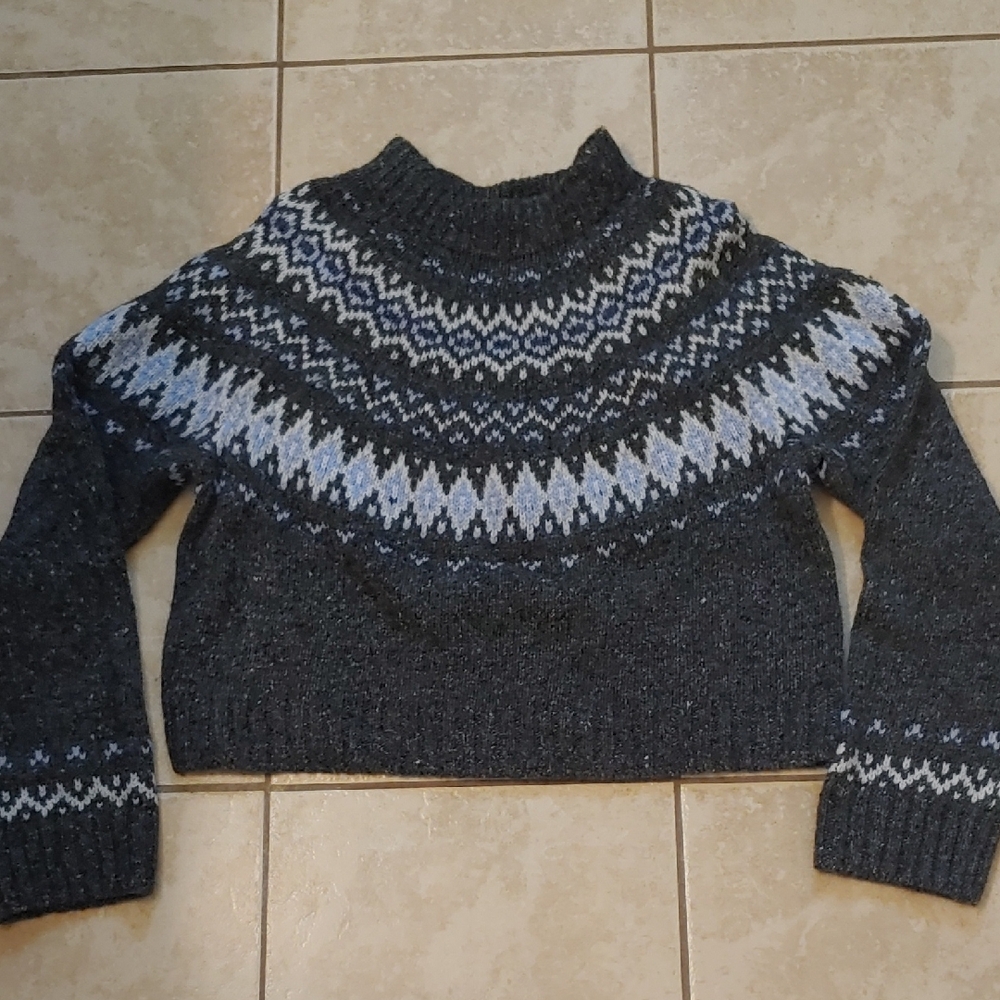 J. Crew Grey Fair Isle Wide-Mockneck Sweater Women's Wool Blend Size L